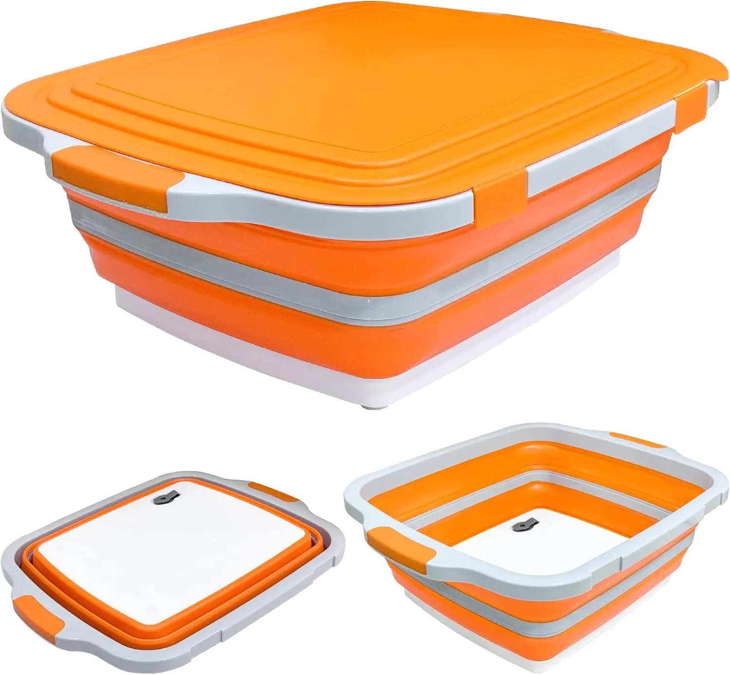Collapsible BBQ Prep Tub with Lid (4.22 Gal/16L) - Foldable Outdoor Wash Tub, Camping Sink & Dish Basin with Drain, Cutting Board, Colander, 2-Pack BBQ Meat Shredder Claws for Outdoor Cooking Food Prep (Orange)