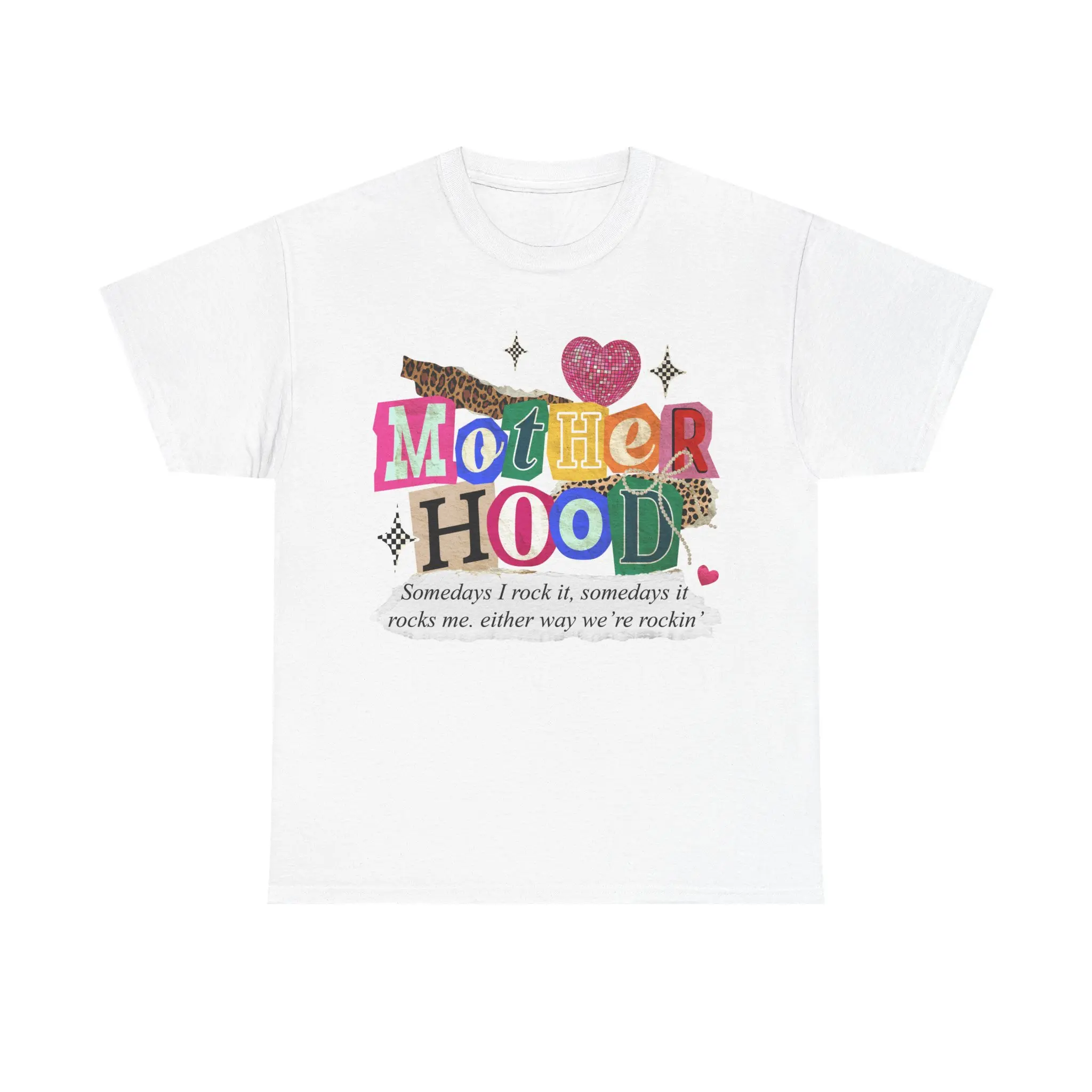 Motherhood collage tee | Motherhood T-Shirt, colorful ransom-style letters, heart and floral graphics
