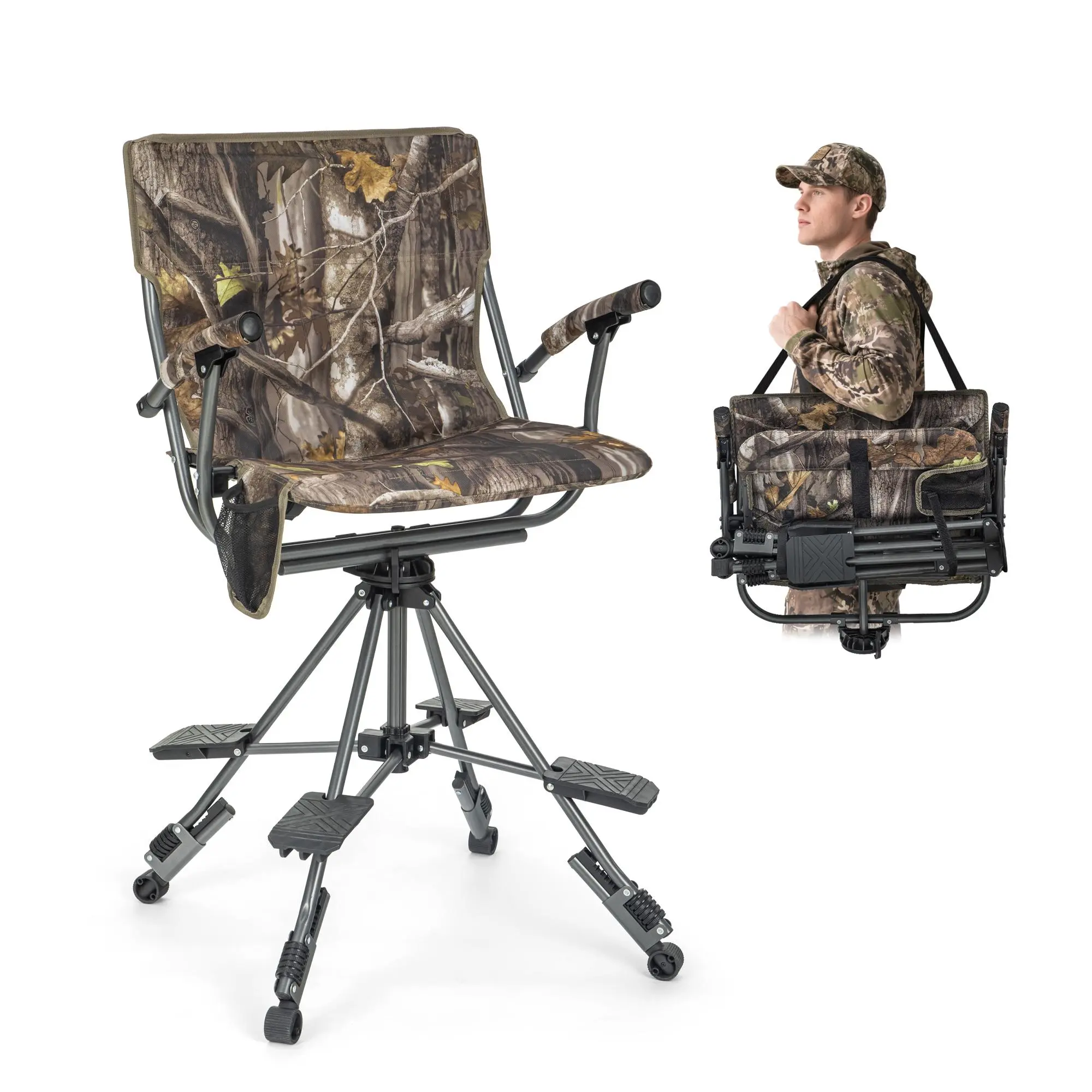 PHIVILLA Heavy Duty 360° Swivel Hunting Chair, Portable Folding Hunting Seat Supports 330 LBS, Adjustable Height with Padded Backrest & Armrests, Cup Holder & Shoulder Strap for Ground Blinds, Hunting, Fishing, Camping & Tailgating