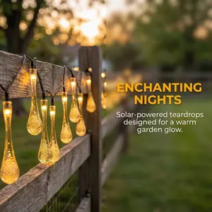 Solar Garden Water Drop Lights, Multi-Color Warm Light, 20 LED, 8 Lighting Modes, Outdoor Fairy String Lights for Yard, Garden, Trees, Lawn, Festive Decor