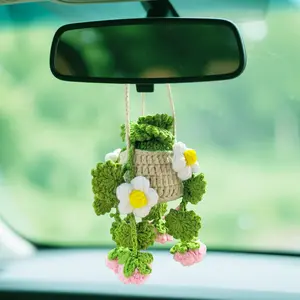 1pc Cute Potted Pink Rose Flowers Plants Crochet Car Mirror Hanging Accessories, Funny Pot Car Accessories for Women Men, Handmade Knitted Flowers Basket Charm Rear View Mirror Accessories, Car Interior Decoration