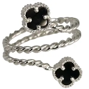 Elegant Silver Double Onyx Clover Adjustable Ring