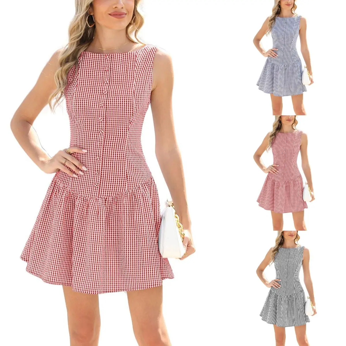 YeoKou Women's Plaid Sleeveless Boat Neck Backless Drop Waist Button-Zipper Back Pleated Mini Casual Dress with Versatile Style, Halter Neck, Festival Wear, Cute Casual Dresses, Checkered Print, Back Zipper, Trendy Plaid Brings Instant Polish, Brunch Outf
