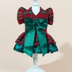 Cute Fashion Print Pet Dress with Bow, Plaid Pet Costume, Elastic Mesh Princess Dress, Puppy Cat, Puppy Clothes, Complete Set