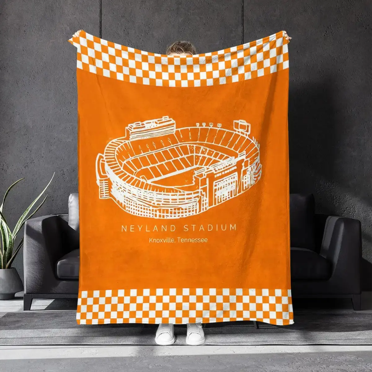 A Plush Blanket with Orange Background and Knoxville Stadium Pattern - Knitted Polyester, Modern All-Season Use, Suitable for Bedroom and Sofa, neyland stadium, football fan gift, kid young adult men woman, warm cozy blanket, camping- cozy nap blanket