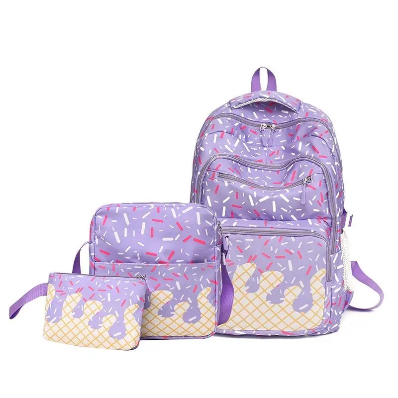 3-Piece Ice Cream Series Fashion Backpack - Cute Stylish Daypacks School Backpack Set, Korean Sweet College-Style Bag for Students, Crossbody/Shoulder Bag for Sports & Outdoor Instrument Accessories