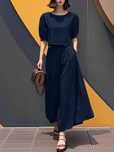 ZANZEA Women's Casual Chic Set, Round Neck Half Sleeve Bubble Sleeves Short Hoodie with Back Button + Waistband Wide Leg Pants, Daily Wear