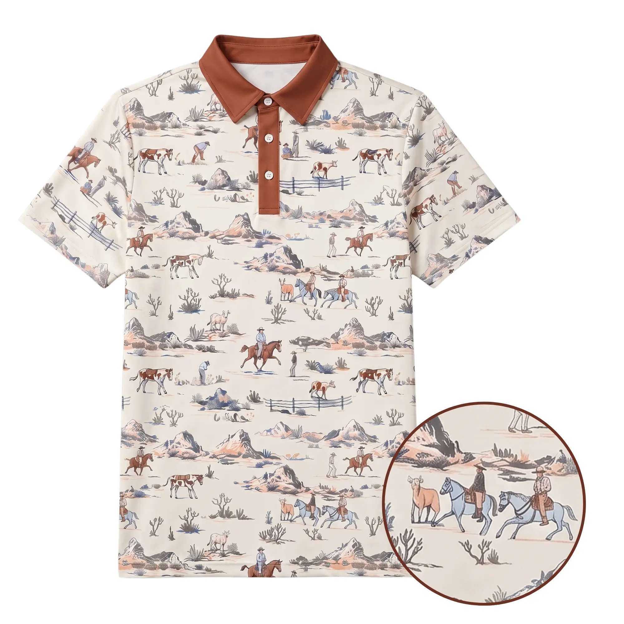 Vintage Western Cowboy Classic Short-Sleeve Textured Sublimation Graphics Polo Top - Traditional Personalized Collared Streetwear, Breathable Fabric, for Ranch Horse Riding, Country Outdoor Sports