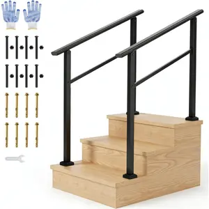 3-Step Indoor/Outdoor Handrail Kit - Black Aluminum Stair Railing with Iron Posts for Steps & Porch, Includes Gloves - 2-Pack