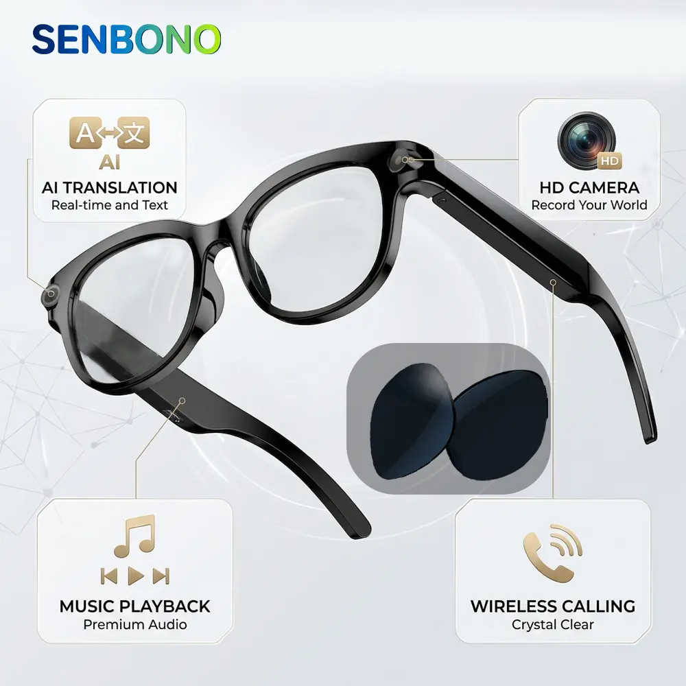 SENBONO Hybrid Wearable Smart Glasses - Multifunctional Wireless Modern Smart Audio Glasses with AI Translation, HD Video Recording, Hi-Fi Surround Sound Music Playback, Bluetooth Camera, Voice Assistant, Multifunctional Smart Glasses