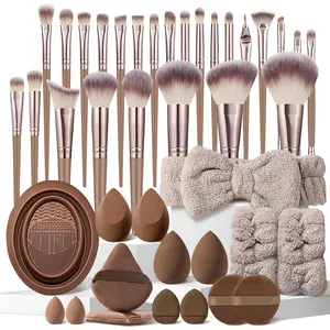 Travel-Friendly 41-Pieces Brown Makeup Brush Set, Makeup Brushes Kits with Makeup Sponges,Mini Thumb Puffs,Triangle Puffs,Small Loose Powder Puff,Cleaning Brush,Headband & Wristbands,Perfect Gift for Valentine’s Day or Mother’s Day, Makeup Tools Set
