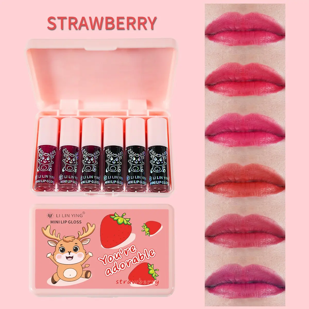 Cute Vegan Long-Lasting Waterproof High Pigment Matte Non-Stick Liquid Strawberry Lip Gloss Set, Odm/oem Bestselling Cosmetics
