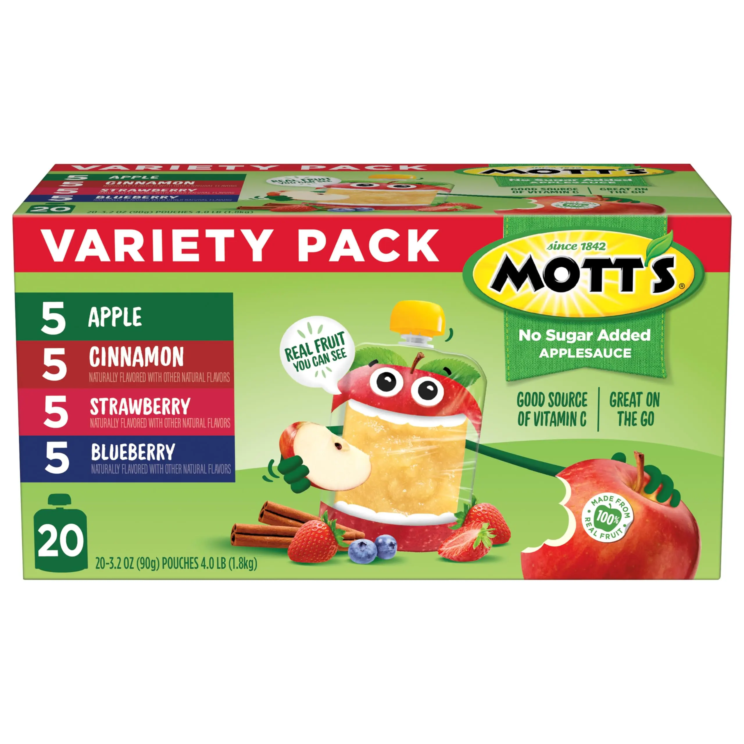 Mott’s No Sugar Added Applesauce Variety Pack, 3.2 oz Clear Pouches, 20 Pack