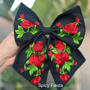 Floral Embroidered Hair Bow- Moño bordado con flores
