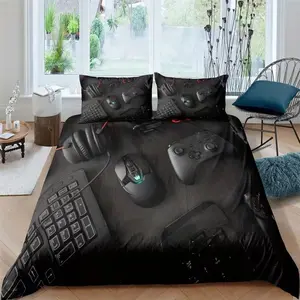 Modern Game Controller Print Bedding Set, Boys' Teenage Gaming Mouse Keyboard Headset, 3-Piece Sheet and Pillowcases