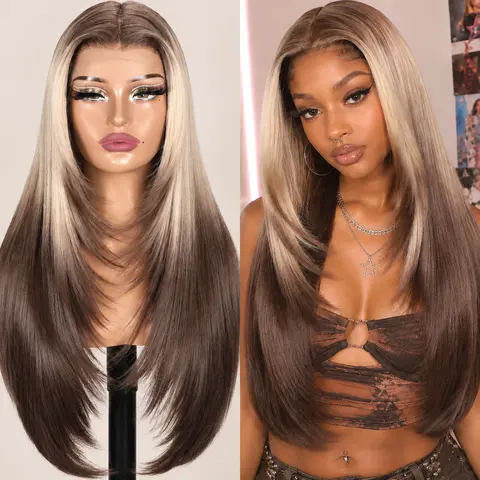 NEWTRESS Women's 26-In Pre-Styled Glueless Synthetic Lace Front Wig - Artificial, Elastic Drawstring, for Adults, Realistic Pre-Cut T-Lace Hairline, Middle Part Layered Cut, Heat-Resistant, Beginner-Friendly, Wedding-Ready, Pre Styled Wig