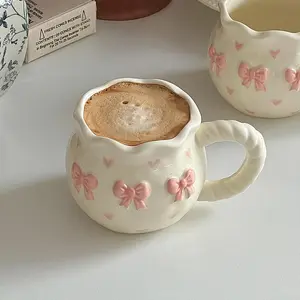 Creative Ceramic Coffee Cup, 3D Relief Hand-Drawn Bow Design, Elegant Packaging with Ribbon, Perfect Gift Idea, Unique Coffee Mug, Drinkware, Ceramic Cups