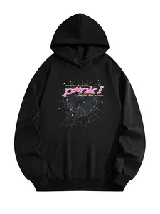 Spider Web Graphic Hoodie with Rhinestone Letter Print Casual Pullover Hooded Top for Men Women Y2K Style Streetwear Hoodie
