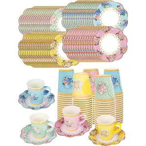 32 Set Floral Paper Tea Cups(8.5 oz) with Handle & 6" Saucers, 64pcs Disposable Tea Cup Saucer for Cold & Hot Drinks for Tea Party Wedding Baby Shower Party Supplies