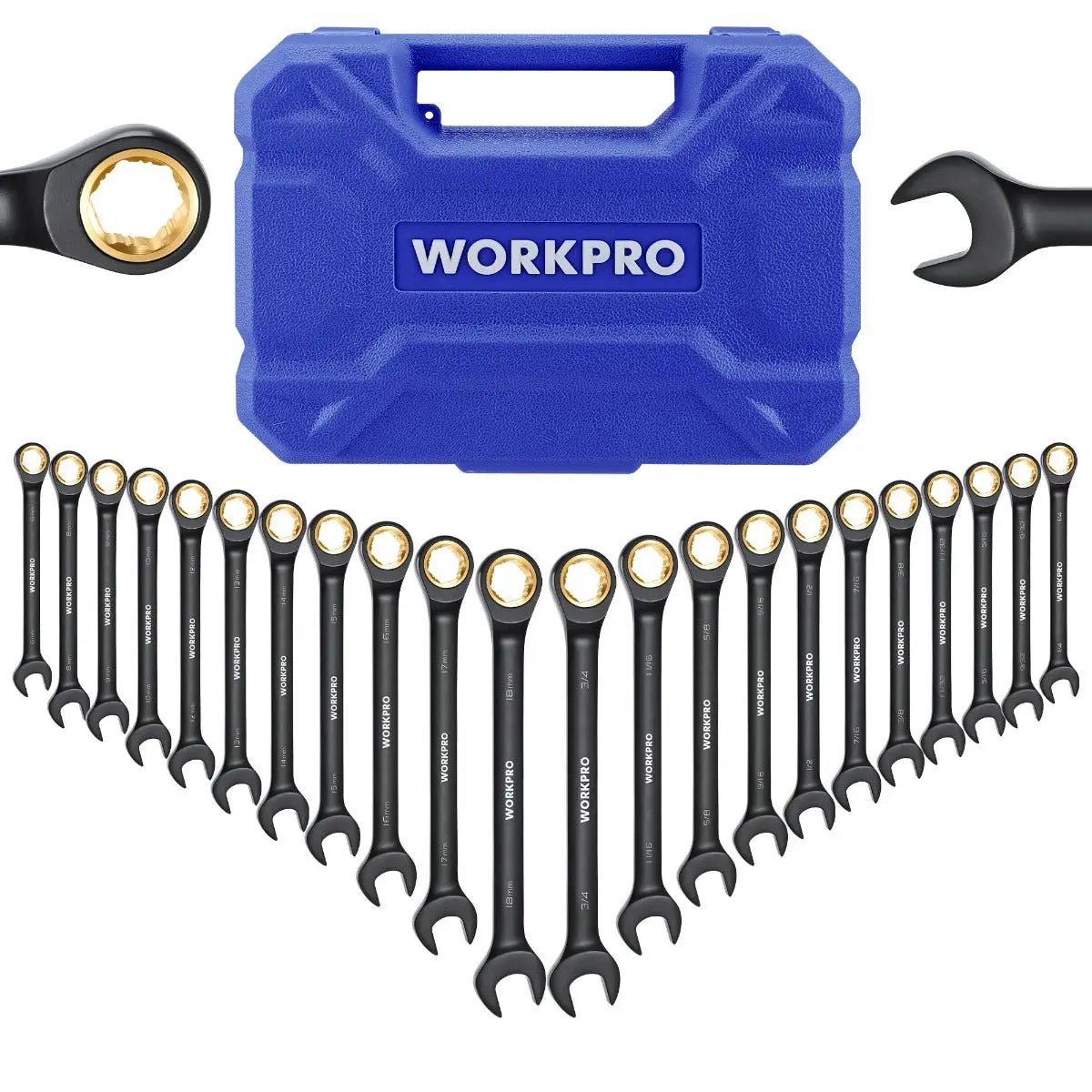#fathersdaygift WORKPRO 22-Pack Ratcheting Wrench Set, Anti-slip Teeth, Ratchet Combination Wrench Sets with Organizer Box, Metric 6-18mm & SAE 1/4-3/4", Black Electrophoretic Coating