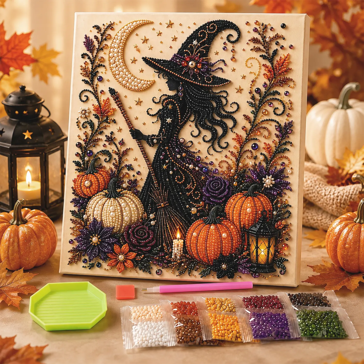 Halloween 5D Diamond Painting Kit, DIY Pearl Bead Art Canvas with Tools, Beginner Friendly Craft Kit for Adults and Teens, Pumpkin Ghost Witch Cat Seasonal Wall Decor and Halloween Gift