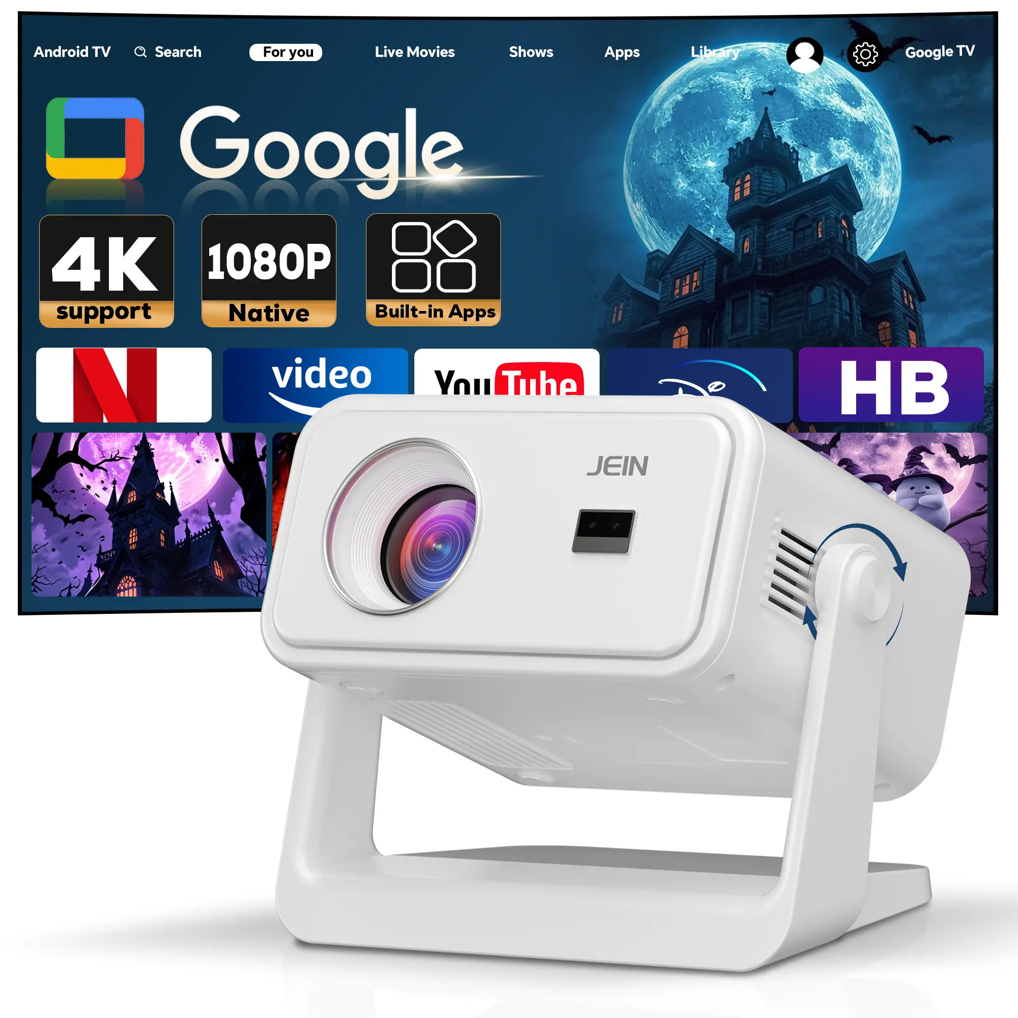 Portable Projector, Native 1080P Full HD, 4K Decoding Android 14.0 8 Wi-Fi 6, Built-in Audio, Wired  & Wireless Screen Casting, Compatible with Smartphones, PCs, TVs & USB. Ideal for Home  Theater/Outdoor/Parties/Office, Perfect Holiday Gift
