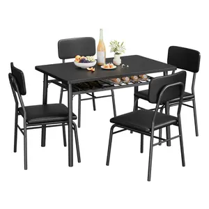 Garvee Dining Table Set for 4 with Storage Rack, 5-Piece Kitchen Table and Upholstered Chairs of 4 with Wood Tabletop & Metel Frame, Dining Room Table Set for Kitchen, Dining Room, Black