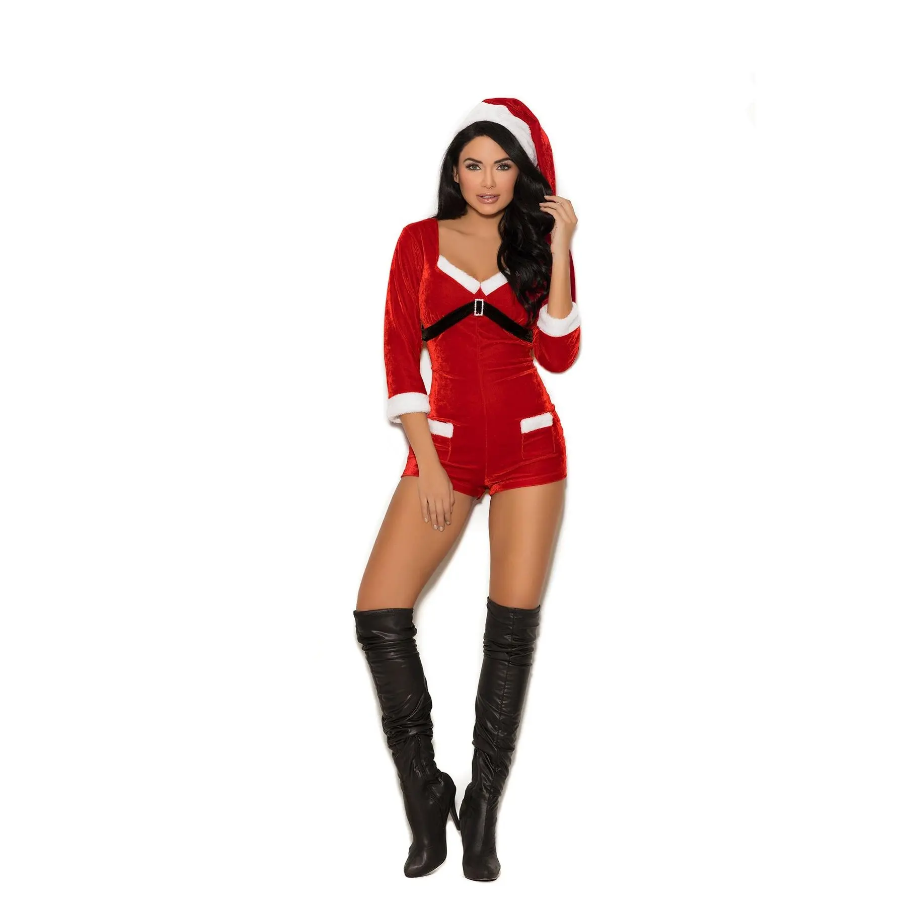 Red Velvet Christmas Romper for Women, Santa Claus Costume with Hood and Belt Holiday Outfit