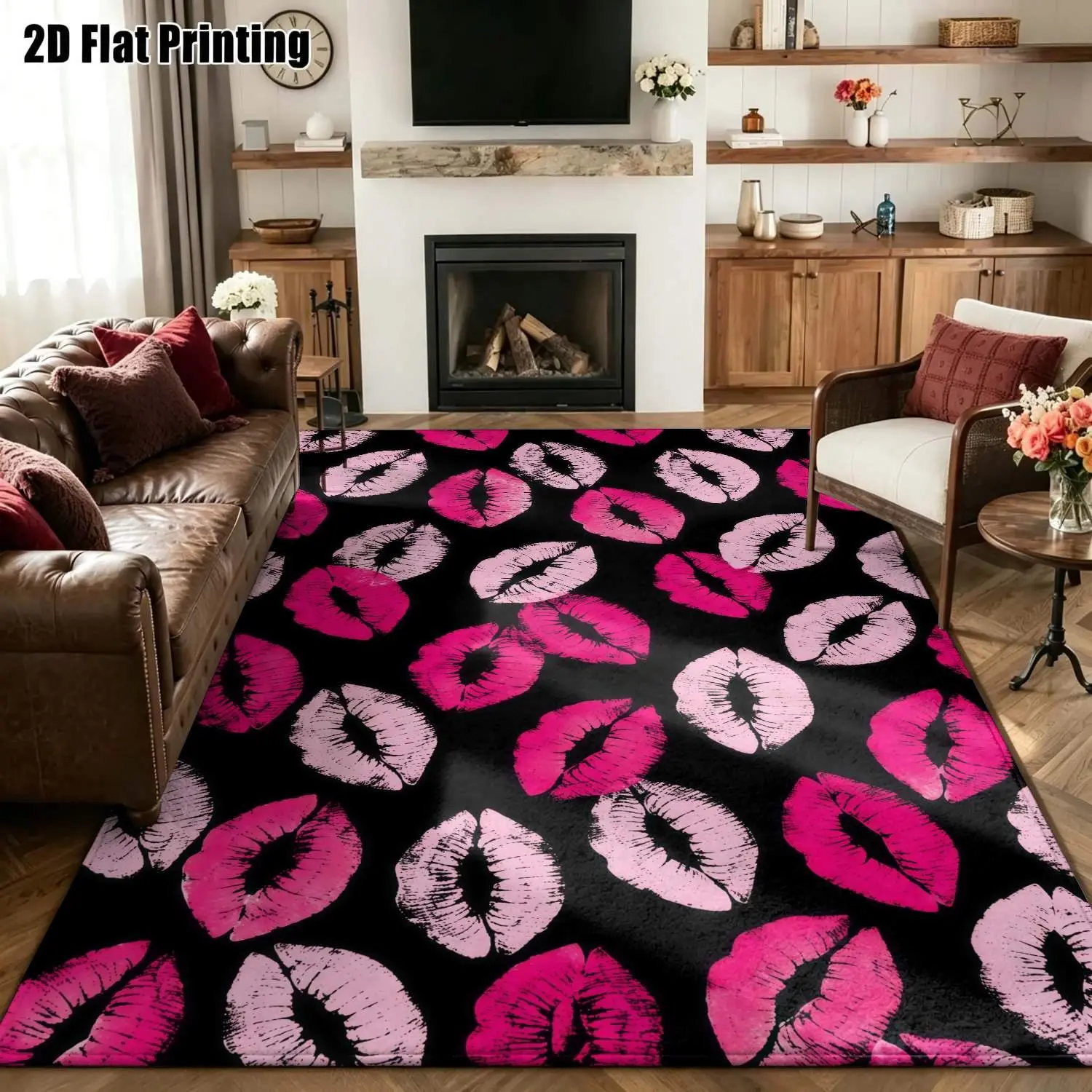 Large indoor area rug, soft velvet low pile with non-slip dotted backing, machine washable, bold pink & blush lip print on black, ideal for bedroom, living room, vanity & dorm decor