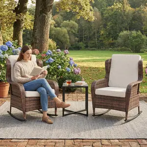 Rattan Rocking Chair with Thick Cushions & Steel Frame,  PE  Outdoor Wicker Rocker Chair for Patio, Garden, Porch, Deck, Backyard