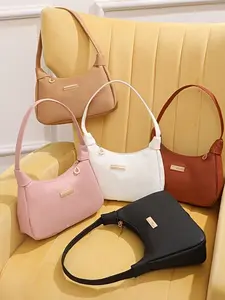 Women's Fashion Lightweight Shoulder Bag, Plain Synthetic Leather Handbag, Zip Closure, Wrist Strap, Polyester Lining, Multifunctional Clutch Wallet, Fashionable Bags