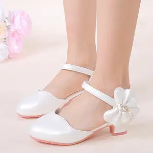 Girls' Elegant Princess Shoes with Pearl & Bowknot - White Pink, High Heel, Round Toe, Ankle Strap, Synthetic Perfect for Parties, Casual Wear Special Occasions, Youngsters Footwear| Bow Embellished Shoes,