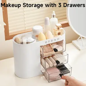 UFORU Makeup Organizer with Drawers for Vanity, 4 Slot Brush Holder with One Touch Open,Spacious Cosmetic Storage for Dresser Vanity and Bathroom Countertop,Beauty Holder for Lipstick Skincare jewelry organizer makeuporganizer White Boxes