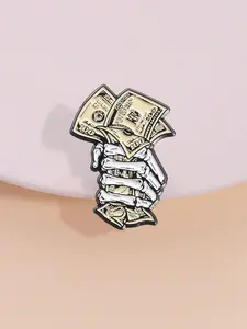 Gothic Style Punk Skull Hand Holding Dollar Pin Badge, Streetwear Accessory for Rap Enthusiasts, Unique Band Merchandise for Subculture Fans