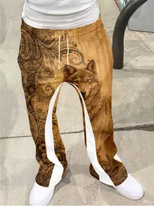 Men's Vintage Distressed Bell Bottom Pants, Classic Wolf Print Drawstring Sports Pants, 3D Soft Breathable Fabric, Casual Daily Wear