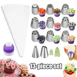 13-Piece DIY Flower Leaf Cream Decoration Tool Set, Stainless Steel Icing Tips & Piping Bags Converter, Cake Decorating Kit, Pastry Decorative Kit, Pastry Decorating Tools, Baking Supplies
