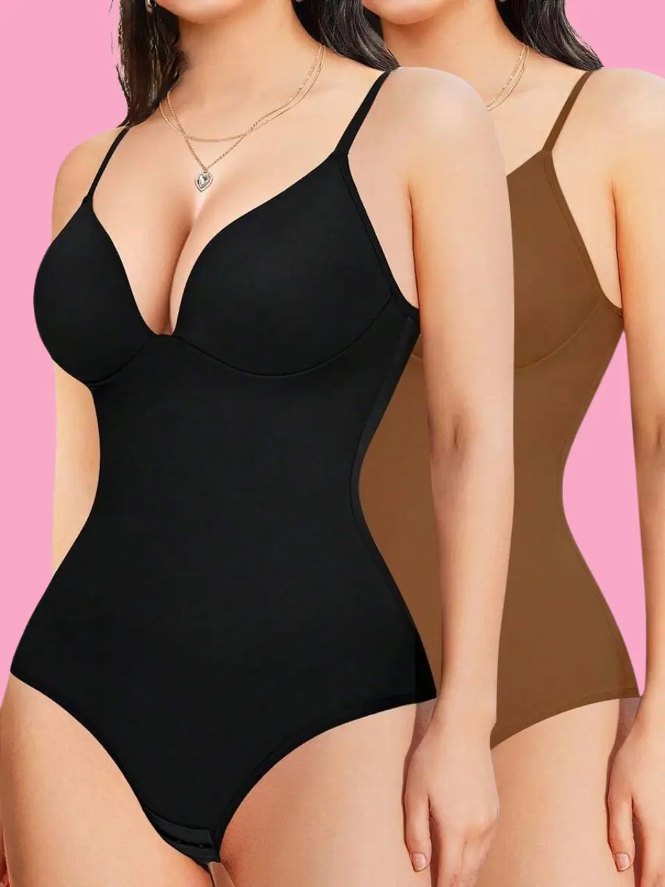 2-Pack Women's Deep V-Neck Tummy Control Bodysuit – Seamless Slimming Shapewear With Built-In Bra Compression Fabric