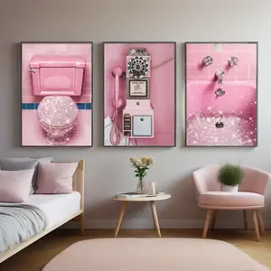 3pcs/set Unframed Luxury Perfume Women Pink Vintage Car Telephone Poster Decorative Paintings Canvas Prints Wall Art Pictures Living Room Bathroom Art Wall Decoration