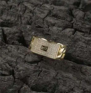 14K Gold Plated Iced Out Cuban Link Ring - Bling Initial "S" Zircon Ring for Men - Hip Hop Streetwear Jewelry Cuban Chain Ring Niche Design lced Out Zircon,Hip Hop personality Fashion, Hip Hop Ring forMen and Women with Gift Box