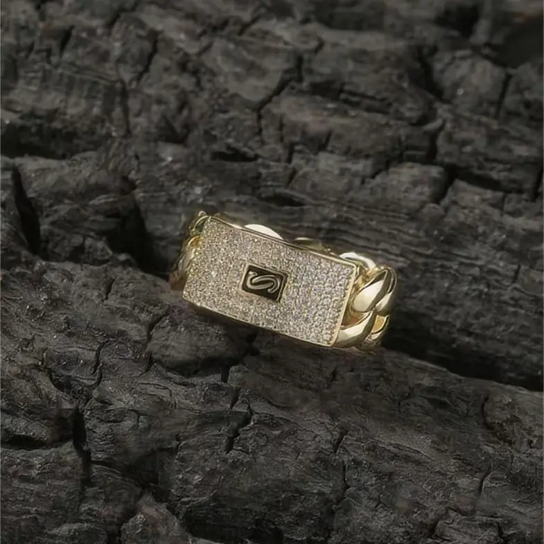 Women's 14K Gold Plated Iced Out Cuban Link Letter Ring - Initial "S" Zircons, Niche Design, Hip Hop Personality, Fashion Jewelry, Glam Sparkle Luxe, Everyday Wear, Great Gift Idea with Gift Box