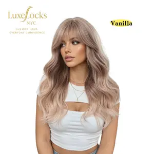 Vanilla-20 Inch Ombre Long Wavy Wig with Wispy Bangs, Ash Brown to Blonde Synthetic Wig, Fits 21-23 Inch Head