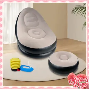 Folding Reclining Lazy Sofa Chair Portable Flocking Air Couch with Foot Stool for Relaxation Indoor Living Room Gaming Bedroom Office Balcony Outdoor Travel Camping