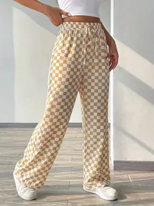 Women's Black White Checkerboard Print High Waist Fit Wide Leg Pants Elastic Waist Drawstring Casual Loose Trousers with Pockets Streetwear Fashion Pants for Daily Wear
