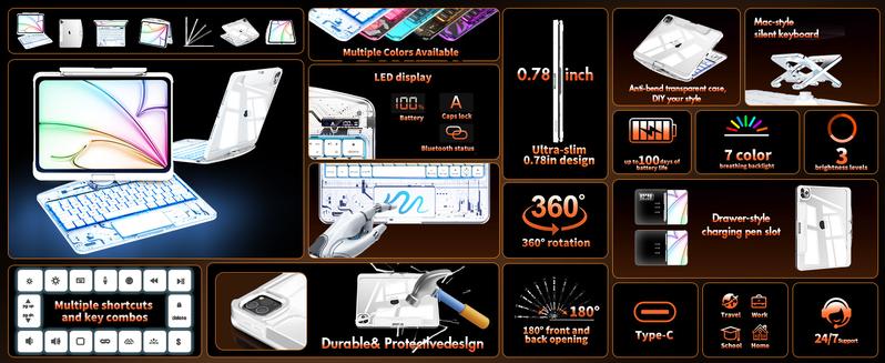 NAIDUN Latest 360 Swivel Keyboard with Transparent Case for iPad Tablet Backlit Keys Scissor Mechanism 1 mm Travel USB NAIDUN Latest 360 Swivel Keyboard with Transparent Case for iPad Tablet Backlit Keys Scissor Mechanism 1 mm Travel USB