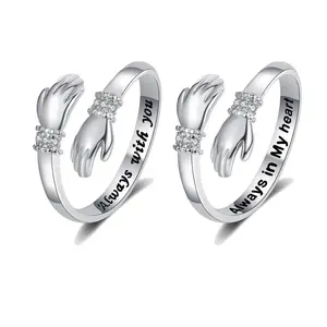 2-Pcs Women's Adjustable Stainless Steel Hug Ring with CZ Accents, Engraved Inspirational Jewelry, Meaningful Gift for Mom, Daughter, Sister & Grandma, Christmas & Birthday Keepsake