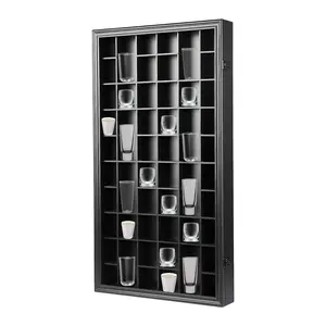 IHEIPYE 52 Shot Glass Display Case Acrylic Glass with Uv Protection-Large IHEIPYE Shot Glass Collection Cabinet Rack Holder For Wall, Wooden Shot Glass Display Storage Box Lockable with Removable Gift Shelves-Black Metal Organiser