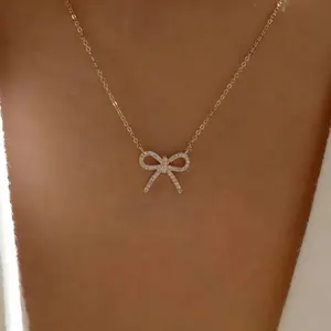 New Rhinestone Bow Shaped Women Necklace Daily Accessories Girlfriend Gift