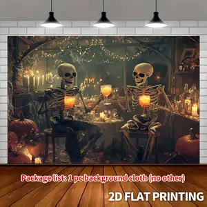 1 Piece Large Halloween Party Banner-Ghost Skull Sipping Cocktail Background Fabric, Gothic Restaurant Scene Decoration, Haunted House Atmosphere, Halloween Party Decoration-Easy Hanging Design without Electricity, Durable Polyester Fabric, High Quality P
