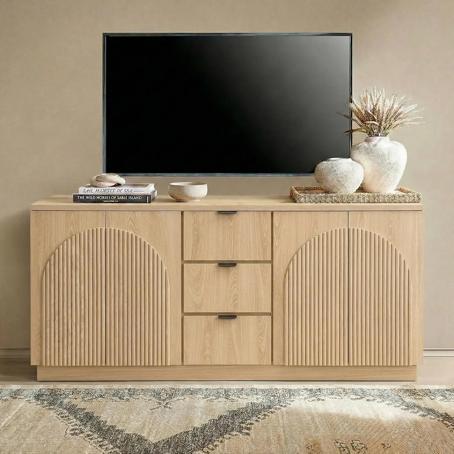 67" Fluted TV Stand with Arched Reeded Design Doors &3 Drawers, Modern Entertainment Center with Storage for TV up to 75", TV Media Console, TV Cabinet for Living Room, Bedroom