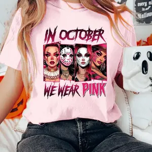 In October We Wear Pink Shirt, Halloween Movie Shirt, Pink Halloween Characters, Pink Ribbon, Breast Cancer Awareness, Cancer Support Shirt, Sp00ky Season Shirt